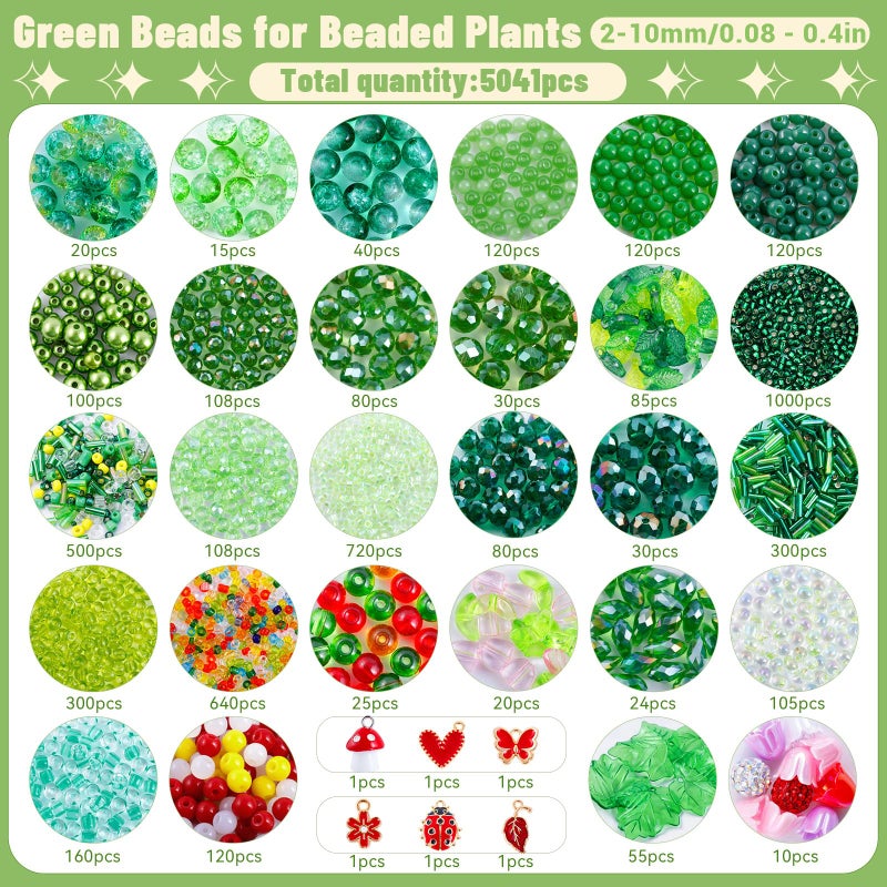 FOGWOWO 5057 Pcs Beaded Plant Kit Forever Plant Kit for Mirror Disco Ball Planter Making,Green Beads for Beaded Plants with Hanging Chain,Green Glass Leaf Beads Forever Plant Beads for Plant Making DIY Craft - Image 2