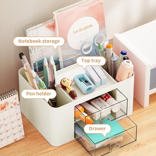 Marbrasse Pen Organizer with 2 Drawer, Multi-Functional Pencil Holder for Desk, Desk Organizers and Accessories with 5 Compartments + Drawer for Office Art Supplies (Beige) - Image 2