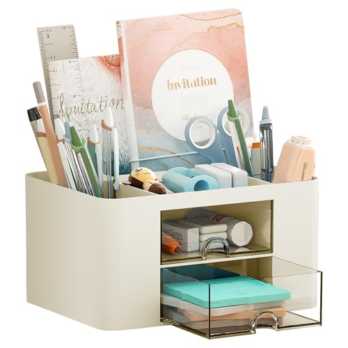 Marbrasse Pen Organizer with 2 Drawer, Multi-Functional Pencil Holder for Desk, Desk Organizers and Accessories with 5 Compartments + Drawer for Office Art Supplies (Beige) - Image 1