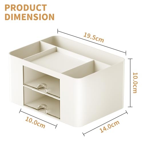 Marbrasse Pen Organizer with 2 Drawer, Multi-Functional Pencil Holder for Desk, Desk Organizers and Accessories with 5 Compartments + Drawer for Office Art Supplies (Beige) - Image 4