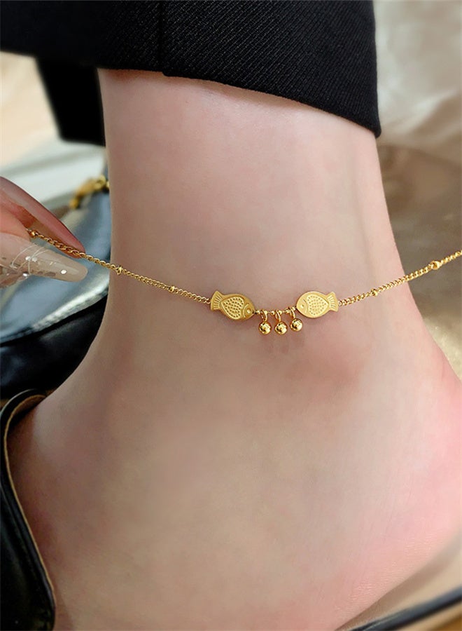 خلخال بناتي بسيط من الفولاذ والتيتانيوم برج الحوت خرز ذهبي ذهبي