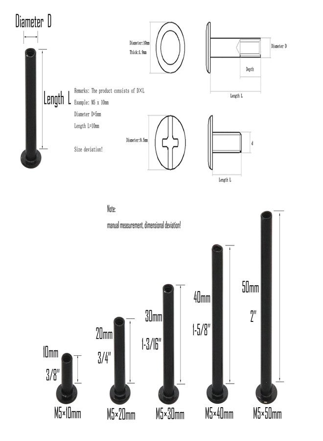 LBY 100pcs Chicago Screws Binding Screw Posts,M5 x 10/20/30/40/50mm Book Screws,Binding Barrels and Screws Assortment Kit, for Leather Saddles Purses Belt Repair, Electrophoretic Matt Black - Image 5