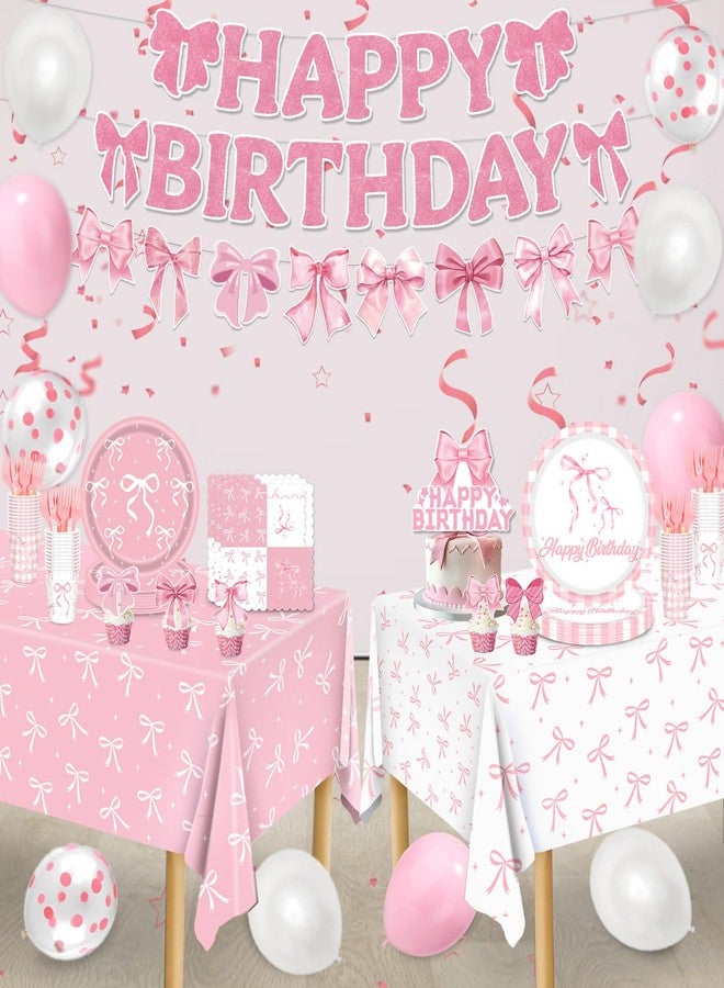 REDWORD Pink Bow Party Decorations, 153Pcs Bow Birthday Party Supplies-Serves 24 with Plates and Napkins Tablecloth and Banner Balloons for Pink Girls Birthday Decorations - Image 4