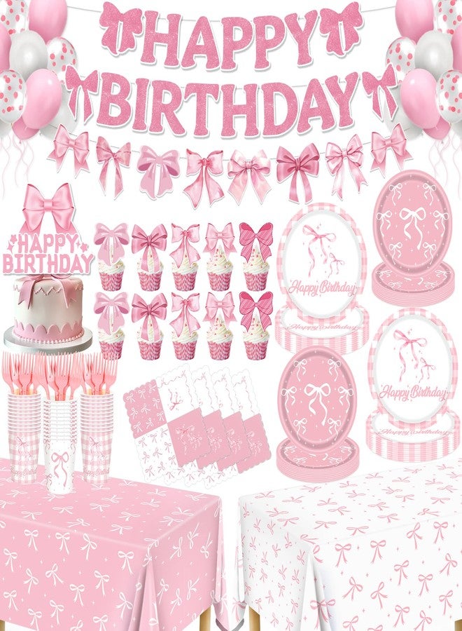 REDWORD Pink Bow Party Decorations, 153Pcs Bow Birthday Party Supplies-Serves 24 with Plates and Napkins Tablecloth and Banner Balloons for Pink Girls Birthday Decorations - Image 1