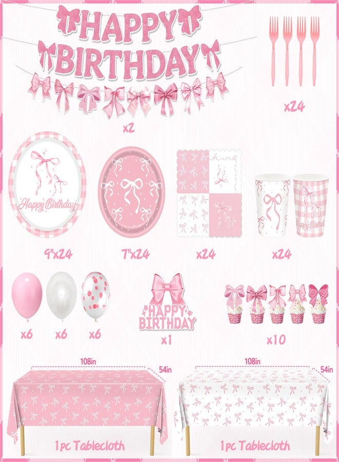 REDWORD Pink Bow Party Decorations, 153Pcs Bow Birthday Party Supplies-Serves 24 with Plates and Napkins Tablecloth and Banner Balloons for Pink Girls Birthday Decorations - Image 2