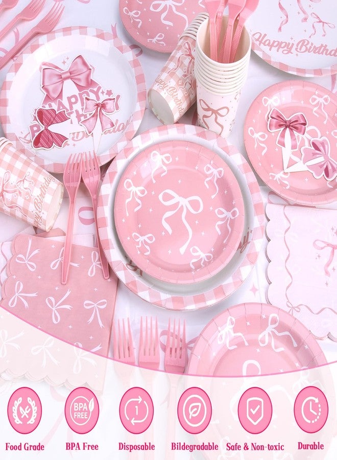 REDWORD Pink Bow Party Decorations, 153Pcs Bow Birthday Party Supplies-Serves 24 with Plates and Napkins Tablecloth and Banner Balloons for Pink Girls Birthday Decorations - Image 3