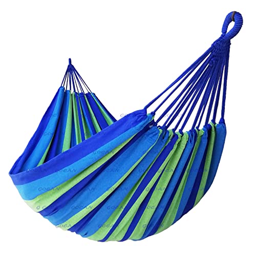GOCAN Brazilian Double Hammock 2 Person Extra Large Canvas 250x160cm Total Length 350cm Load 500lb Cotton Hammock for Garden Outdoor and Indoor Blue/Green(98 * 65'') - Image 1