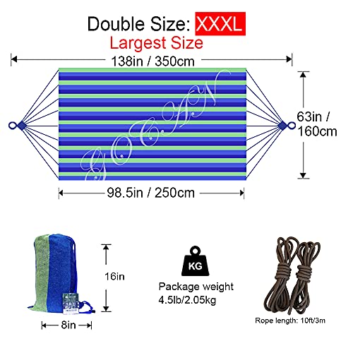 GOCAN Brazilian Double Hammock 2 Person Extra Large Canvas 250x160cm Total Length 350cm Load 500lb Cotton Hammock for Garden Outdoor and Indoor Blue/Green(98 * 65'') - Image 3