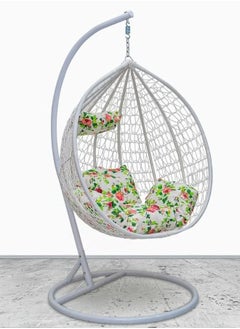 SILA Hanging Egg Indoor Outdoor Patio Wicker Rattan Swing Chair with UV Resistant Random Washable Cushions & Iron Frame for Garden, Living Room & Backyard - White 