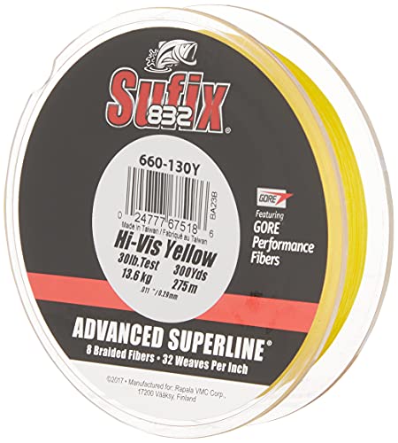 Sufix 832 Advanced Superline Braid, Hi-Vis Yellow, 20-Pound/300-Yard Spool (660-120Y) - Image 1