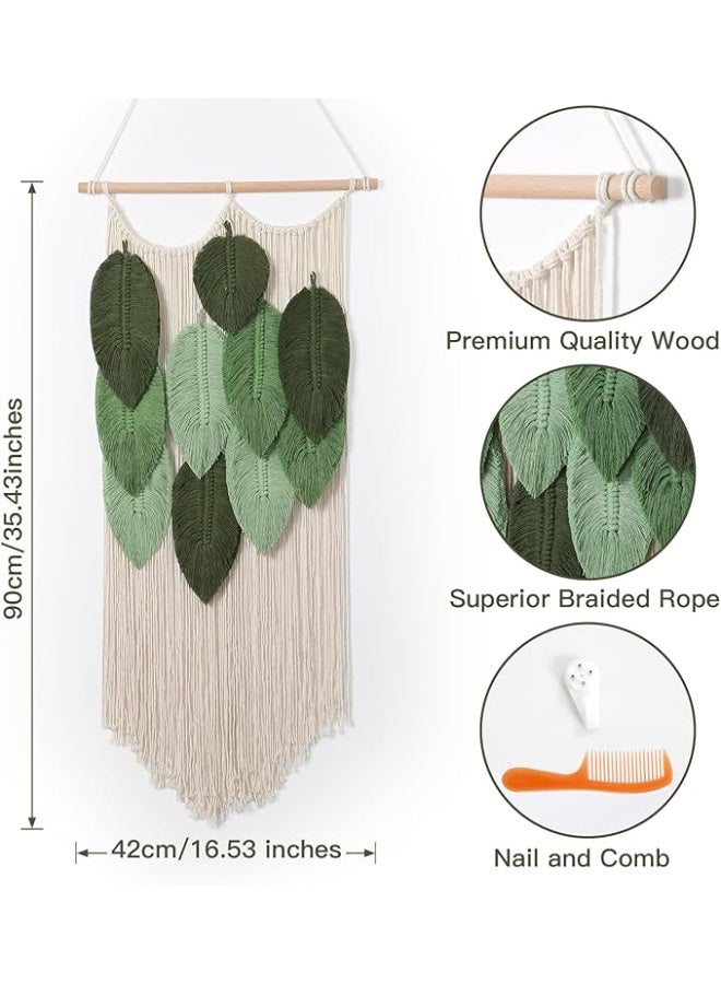 انتيكيانو بساط مكرمية معلق على الحائط نسيج أنيق ديكور بوهيمي محبوك مصنوع يدويًا حائط شكل ورقة شجر لغرفة المعيشة وغرفة النوم الأطفال والشرفة أخضر - Image 4