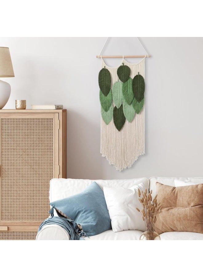 انتيكيانو بساط مكرمية معلق على الحائط نسيج أنيق ديكور بوهيمي محبوك مصنوع يدويًا حائط شكل ورقة شجر لغرفة المعيشة وغرفة النوم الأطفال والشرفة أخضر - Image 2