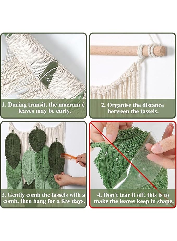 انتيكيانو بساط مكرمية معلق على الحائط نسيج أنيق ديكور بوهيمي محبوك مصنوع يدويًا حائط شكل ورقة شجر لغرفة المعيشة وغرفة النوم الأطفال والشرفة أخضر - Image 3