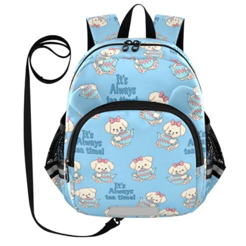 Tea Time Bow Dog Toddler Backpack with Leash, Cute Preschool Backpack Baby Harness Bookbag, 10L - Image 1