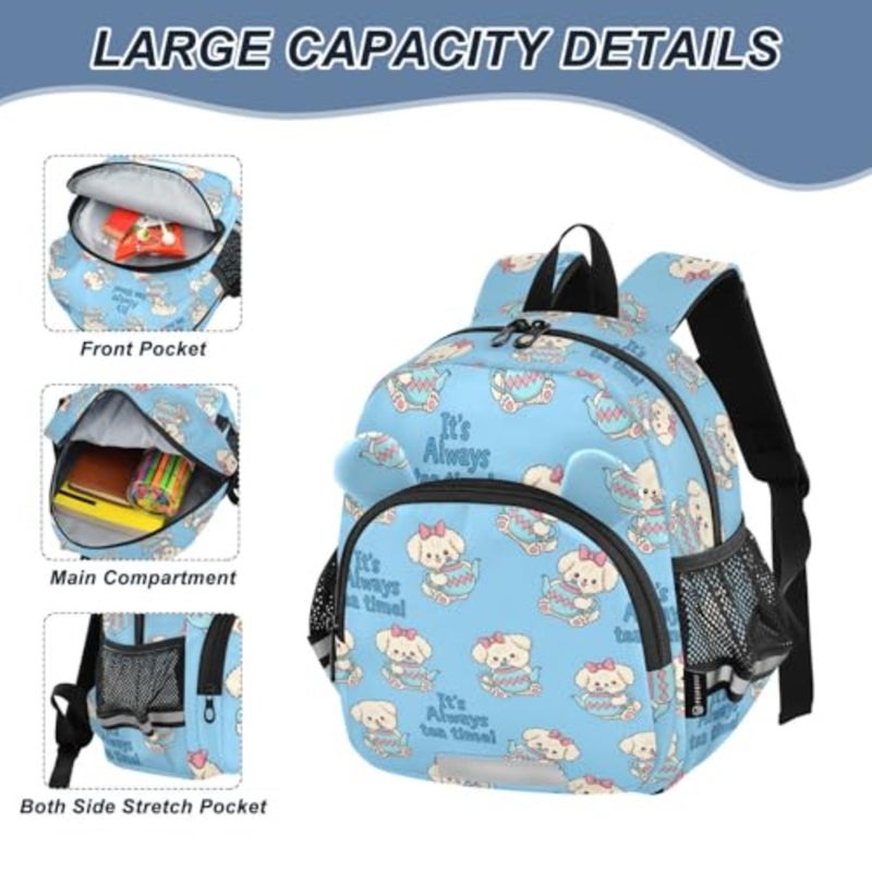Tea Time Bow Dog Toddler Backpack with Leash, Cute Preschool Backpack Baby Harness Bookbag, 10L - Image 4
