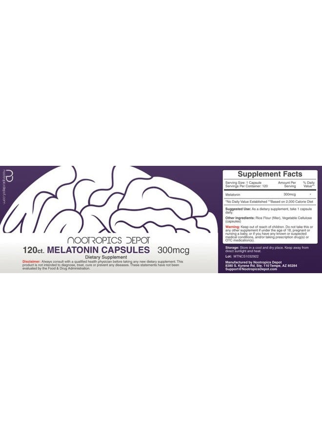 Nootropics Depot Melatonin Capsules | 300mcg | 120 Pills | Supports Healthy Sleep Cycles | Promotes Relaxation | Natural Sleep Aid Supplement  - Image 2