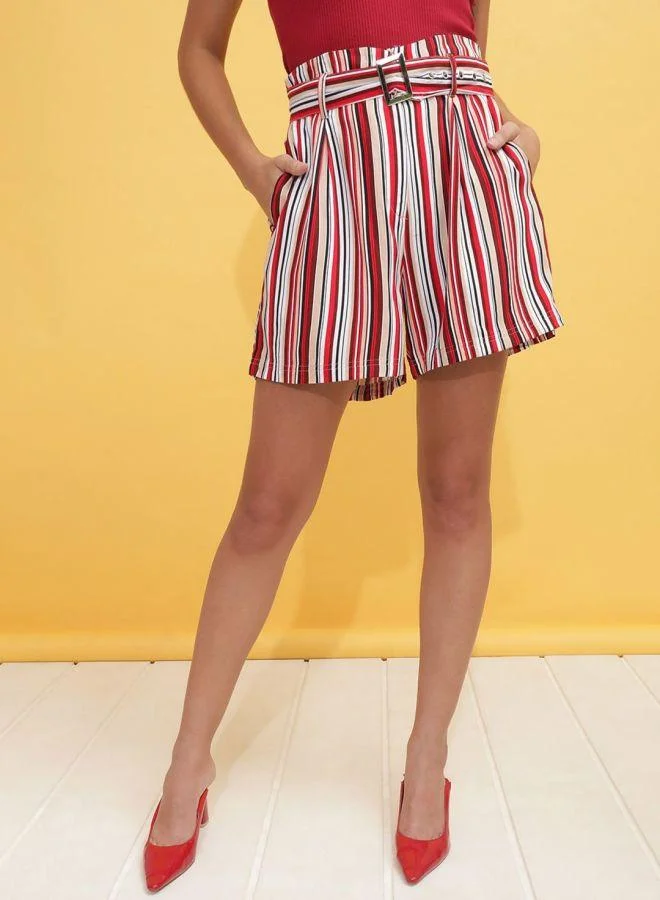 مرفوعة Women Flared Casual Striped Belted Shorts