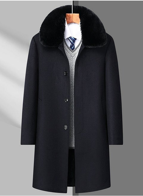 Men's Thickened Woolen Casual Coat With Detachable Fur Collar Jacket Overcoat with Pockets Navy Blue