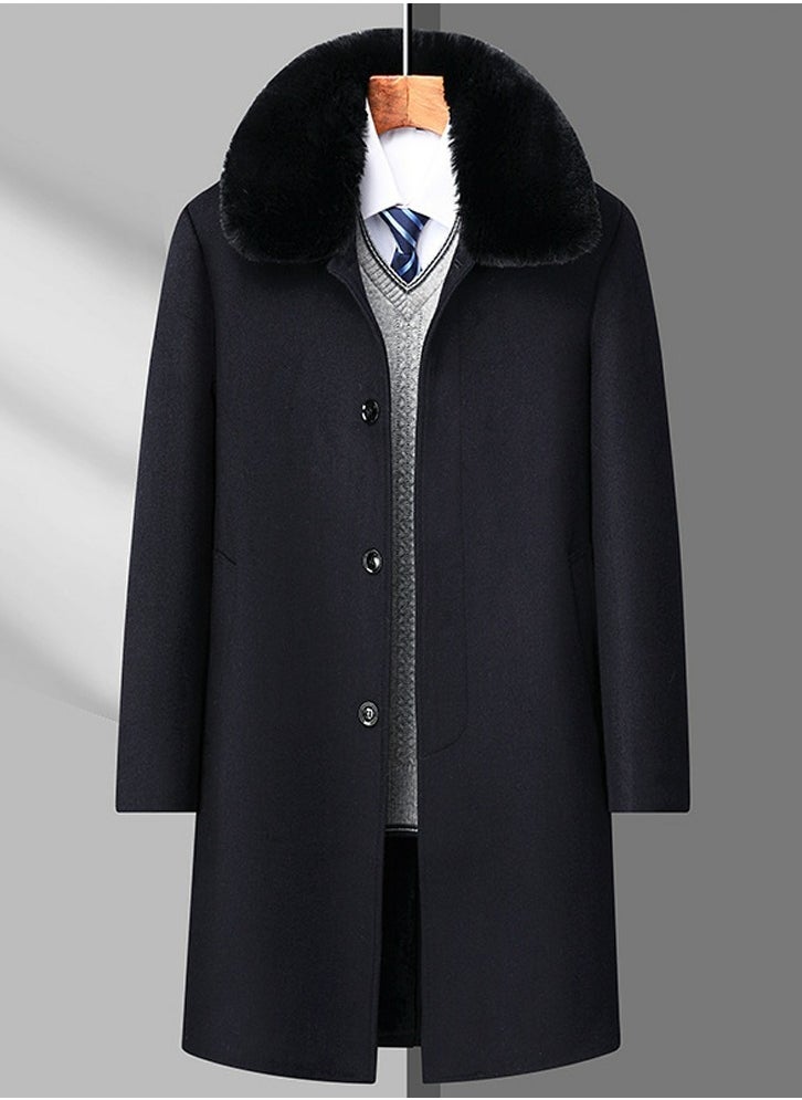Loquat - Men's Thickened Woolen Casual Coat With Detachable Fur Collar Jacket Overcoat with Pockets Navy Blue - Image 1