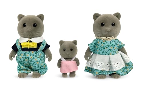 OLEOCA Family Gray Cat Figures Set of 3 Collectible Flocked Mini Dolls with Removable Clothes Miniature Dollhouse Pretend Play Figures for Kids Ages 3 - Image 1