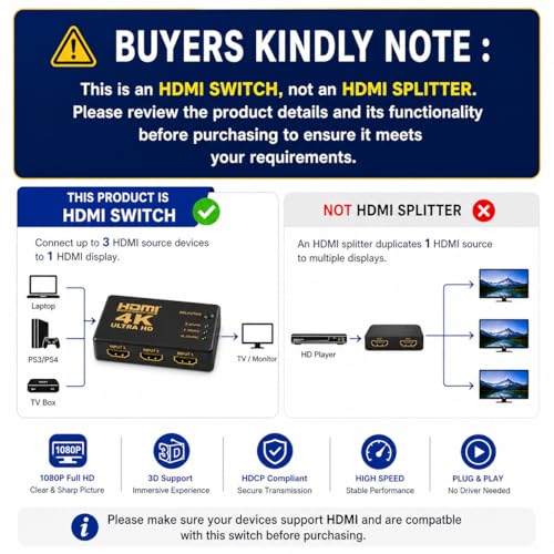 Swiztek HDMI Switch 3 in 1 with Remote – Supports 1080P, 3D, HDCP – High-Speed HDMI Selector TD-472H. - Image 2