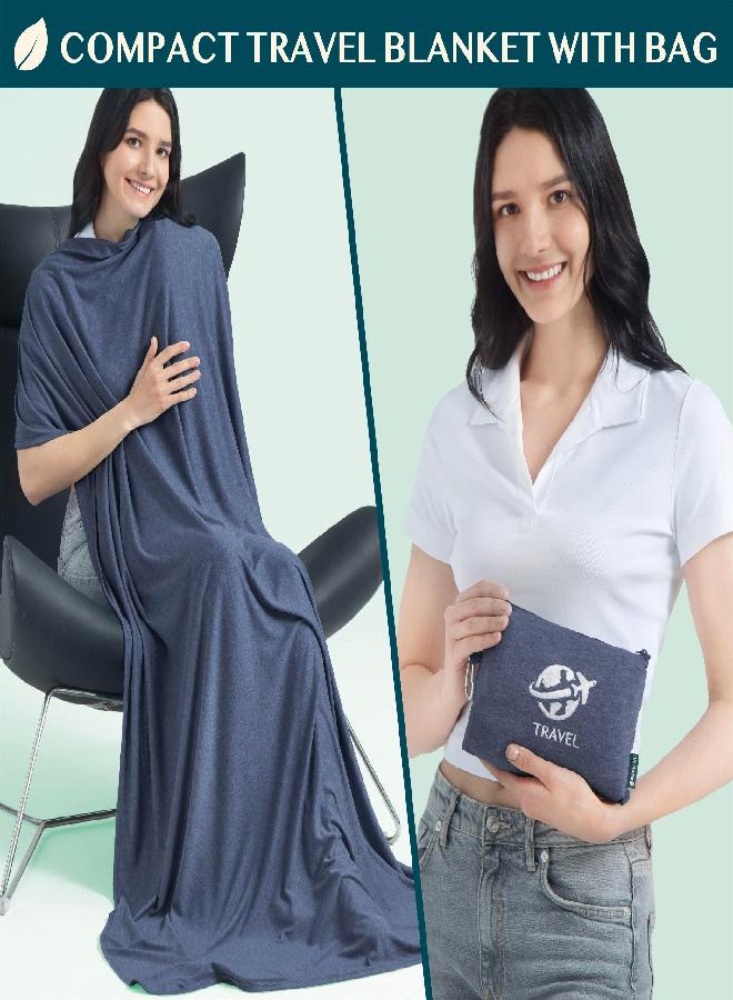 PAVILIA PAVILIA Soft Compact Travel Blanket and Pillow, Foldable Airplane Blanket in Bag, Lightweight Portable Flight Blanket Set with Luggage Strap, Camping Plane Car Home Office Gift Accessories, Navy Blue - Image 1