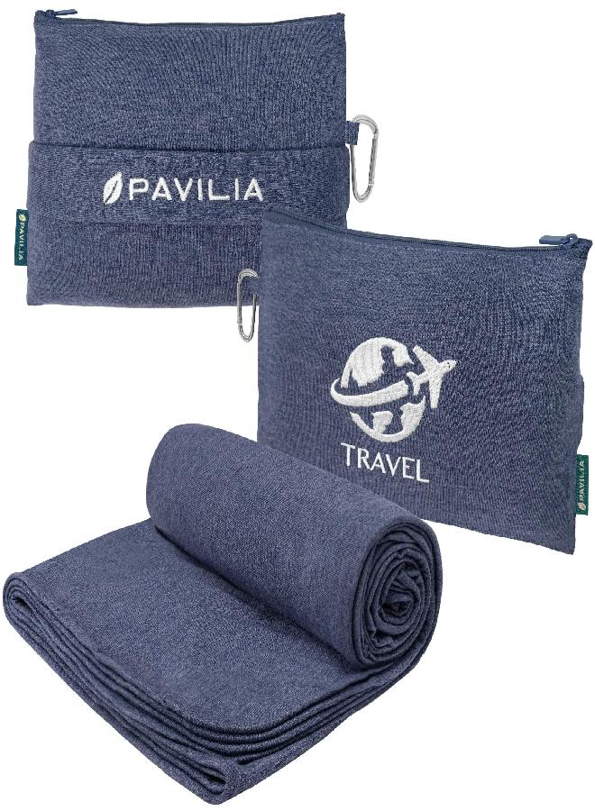 PAVILIA PAVILIA Soft Compact Travel Blanket and Pillow, Foldable Airplane Blanket in Bag, Lightweight Portable Flight Blanket Set with Luggage Strap, Camping Plane Car Home Office Gift Accessories, Navy Blue - Image 3