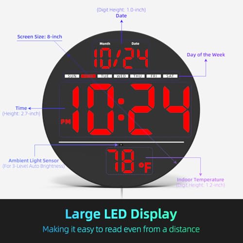 XUANZIT Digital Wall Clock with Large LED Display, Date, Temperature, Auto-Brightness | Small [PLUG-IN] Clock | Modern Electric Wall Clock for Bedroom, Classroom, Living Room, Home, Office, Farmhouse – Red - Image 3
