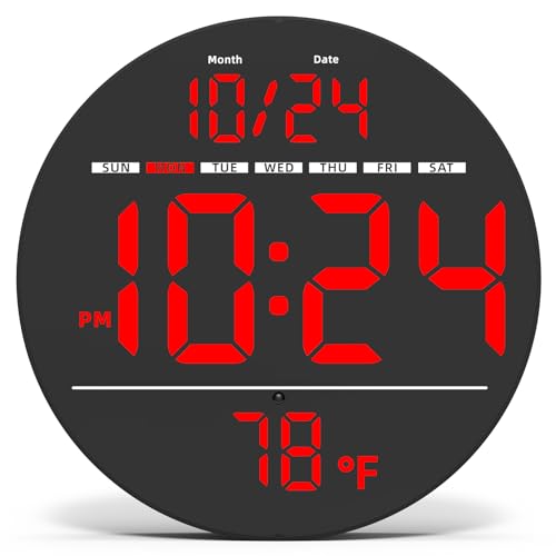 XUANZIT Digital Wall Clock with Large LED Display, Date, Temperature, Auto-Brightness | Small [PLUG-IN] Clock | Modern Electric Wall Clock for Bedroom, Classroom, Living Room, Home, Office, Farmhouse – Red - Image 1