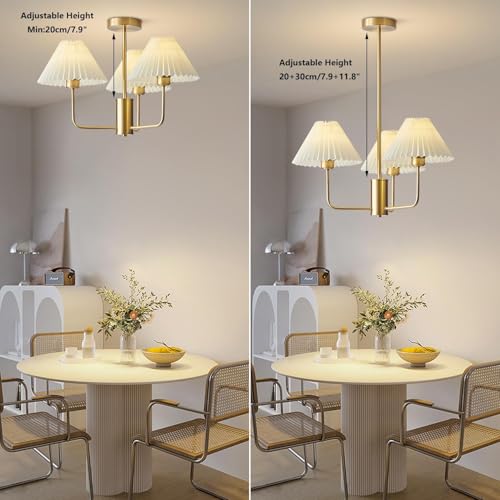 KCO Lighting 3-Lights Pleated Chandelier White Fabric Pendant Light Fixtures Mid Century Modern Gold Sputnik Chandelier Vintage Classic Chandeliers for Dining Room Bedroom - Image 3