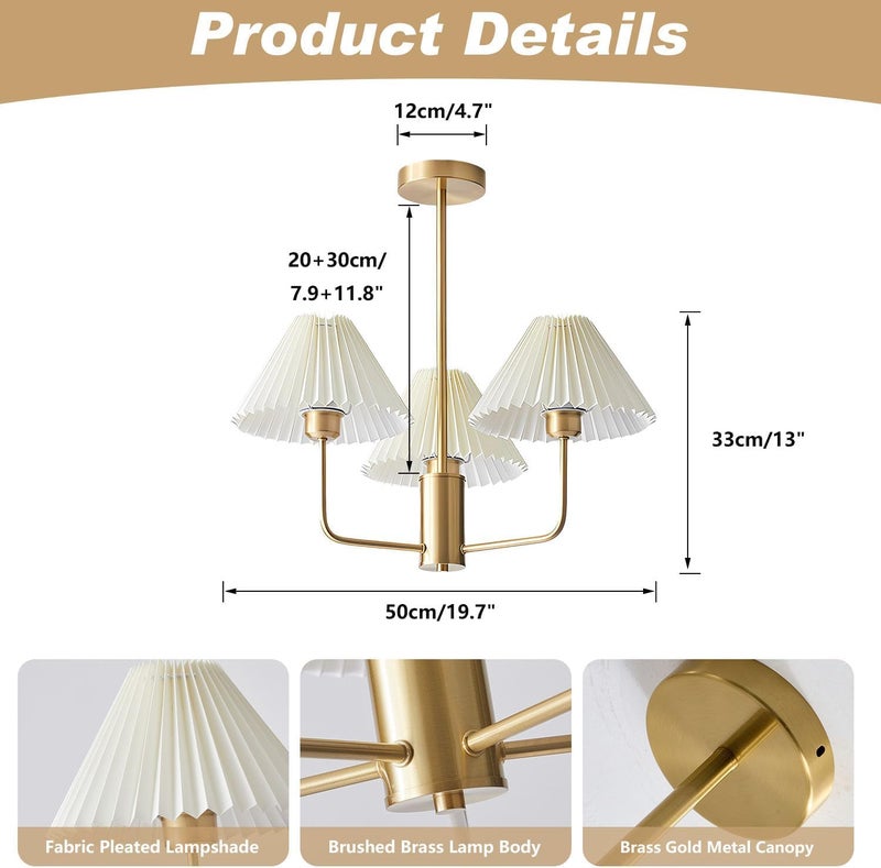 KCO Lighting 3-Lights Pleated Chandelier White Fabric Pendant Light Fixtures Mid Century Modern Gold Sputnik Chandelier Vintage Classic Chandeliers for Dining Room Bedroom - Image 2