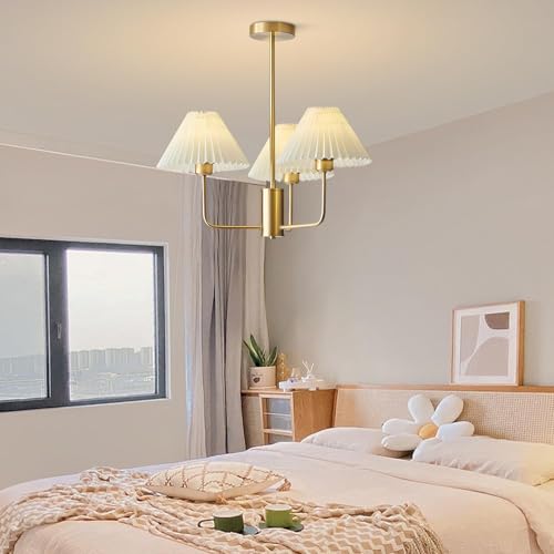 KCO Lighting 3-Lights Pleated Chandelier White Fabric Pendant Light Fixtures Mid Century Modern Gold Sputnik Chandelier Vintage Classic Chandeliers for Dining Room Bedroom - Image 5