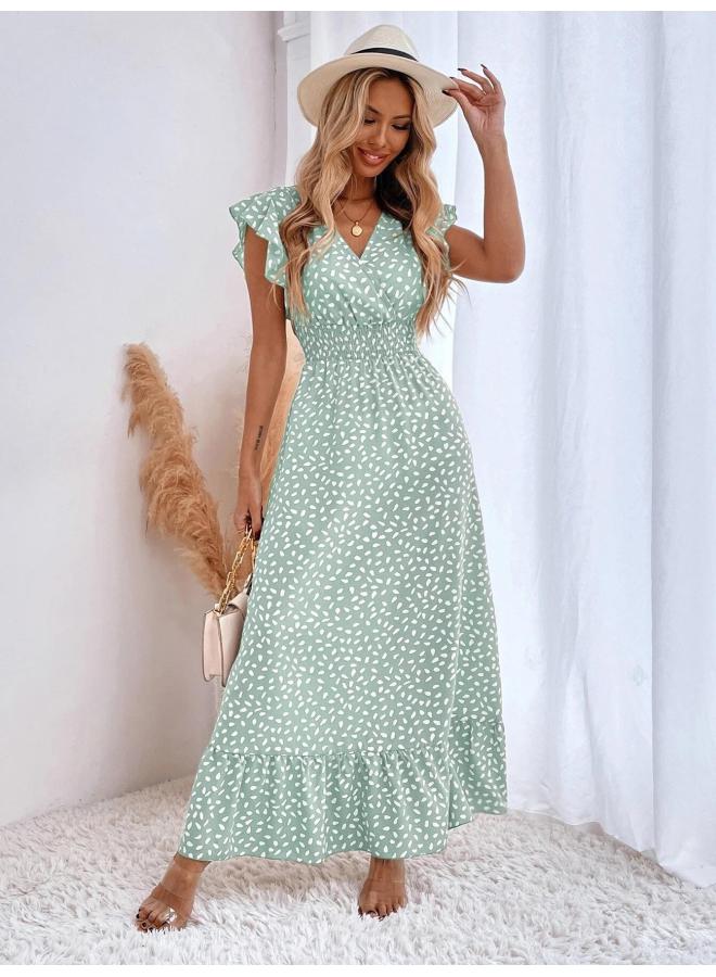 European And American Women's Clothing Spring And Summer V-neck Waist Long Skirt Lotus Leaf Sleeve High Waist Dress