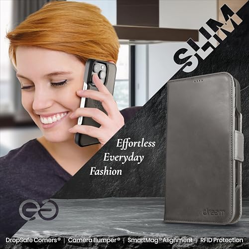 Dreem Wallet Case for iPhone 15 Pro Max, Revolutionary Vert/Hor Phone Stand, Magnetic Detachable Vegan Leather Flip Cover RFID Blocking Card Holder, MagSafe-Fit, Gift Box [Fibonacci: Grey] - Image 5