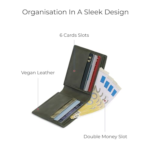 EUME Zen Wallet for Men, Olive Green | Slim Bifold Premium Vegan Leather | 6 Card Slots, 2 Compartments, 2 Slip Pockets| Stylish & Durable Men Wallet | Perfect for Everyday Use - Image 4