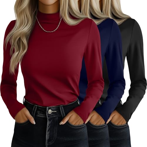 Ficerd 3 Pack Womens Mock Turtleneck Shirts Long Sleeve Mock Neck Pullover Tops Slim Fitted Stretch Undershirt Tee BlouseBlack Navy Blue Wine RedSmall - Image 1