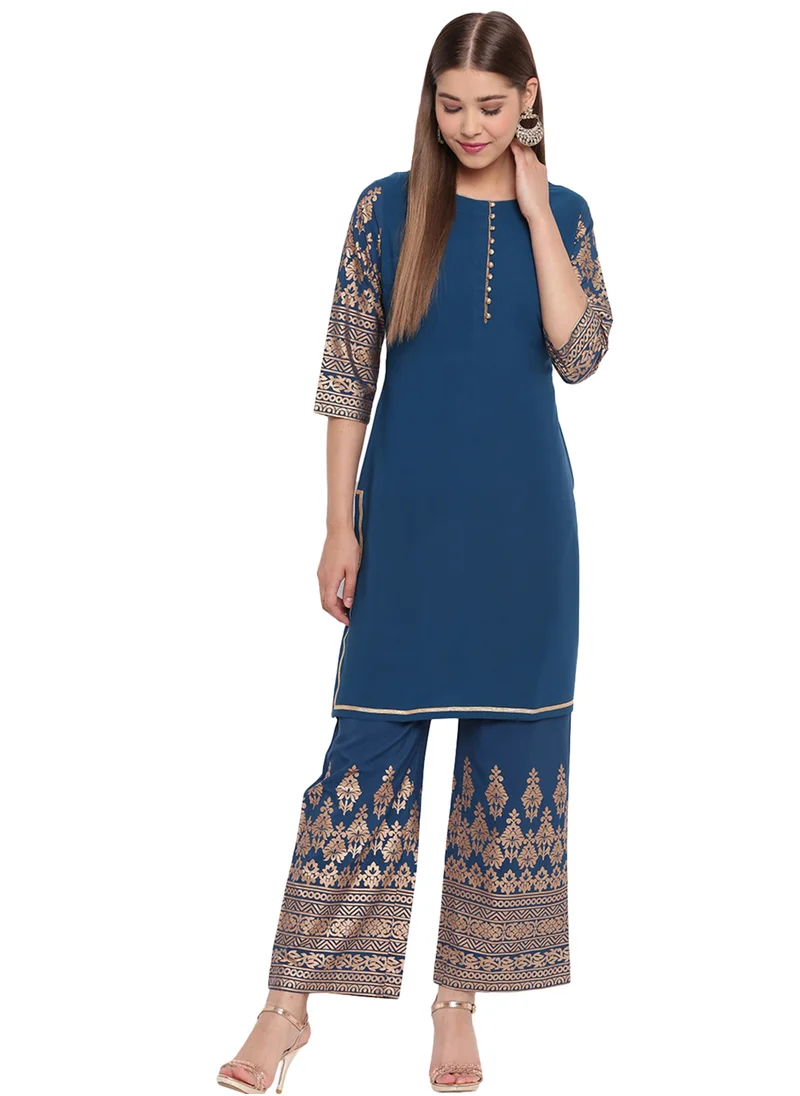 kolaba Teal Round Neck Straight Fit Kurti Co-ord Set