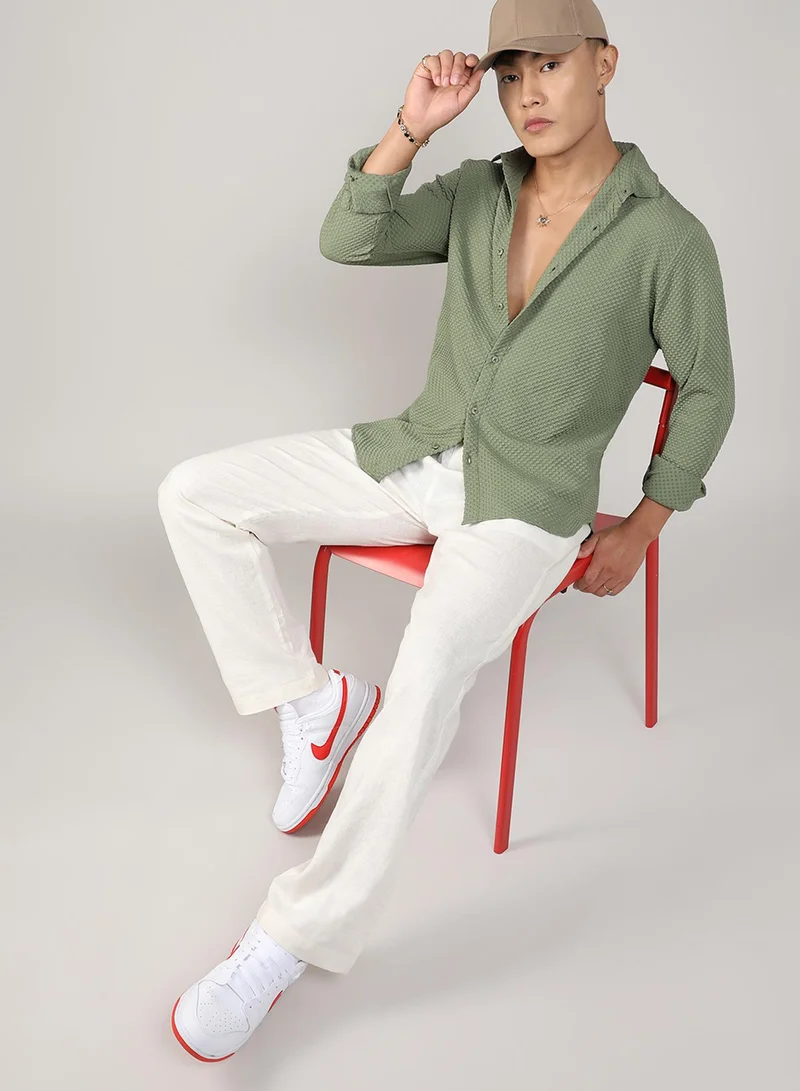 Campus Sutra Campus Sutra Men's Pistachio Green Textured Micro Buffalo Check Shirt For Casual Wear | Spread Collar | Long Sleeve | Button Closure | Shirt Crafted With Comfort Fit For Everyday Wear