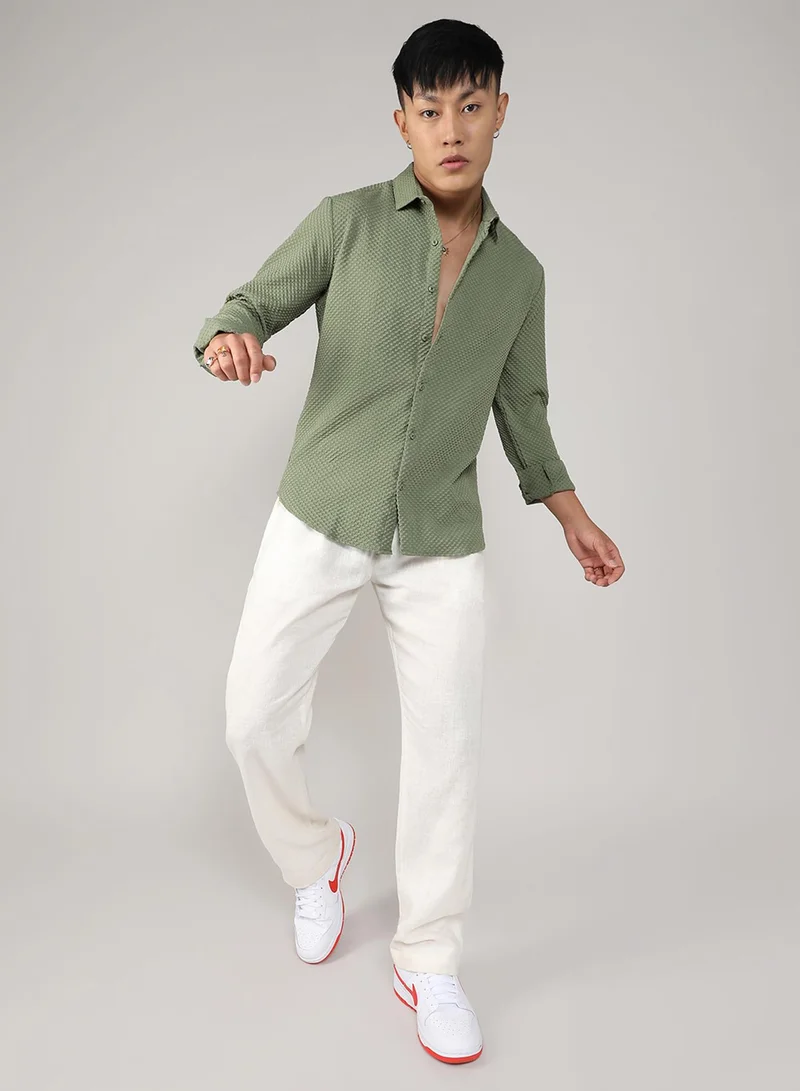 Campus Sutra Campus Sutra Men's Pistachio Green Textured Micro Buffalo Check Shirt For Casual Wear | Spread Collar | Long Sleeve | Button Closure | Shirt Crafted With Comfort Fit For Everyday Wear