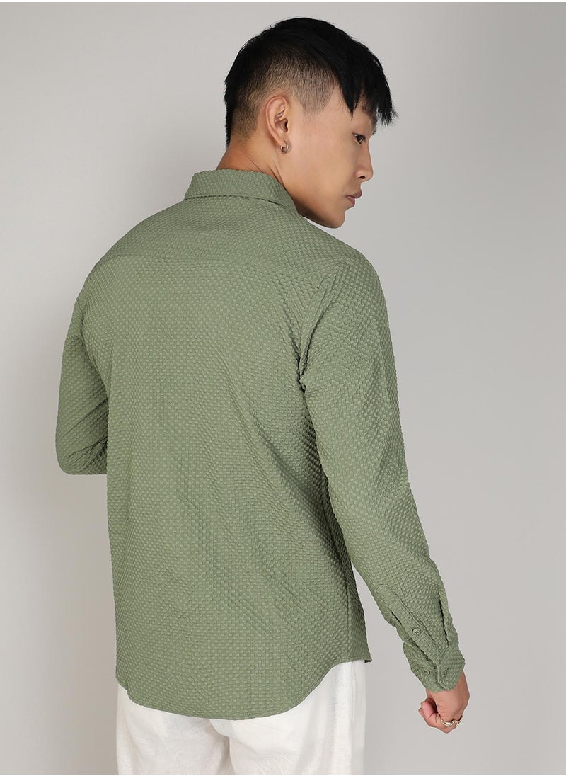 Campus Sutra Campus Sutra Men's Pistachio Green Textured Micro Buffalo Check Shirt For Casual Wear | Spread Collar | Long Sleeve | Button Closure | Shirt Crafted With Comfort Fit For Everyday Wear  - Image 5