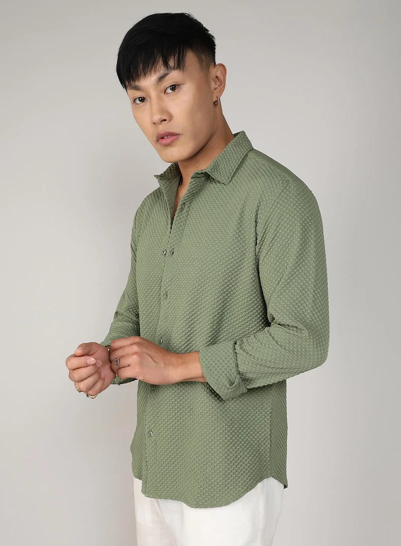 Campus Sutra Campus Sutra Men's Pistachio Green Textured Micro Buffalo Check Shirt For Casual Wear | Spread Collar | Long Sleeve | Button Closure | Shirt Crafted With Comfort Fit For Everyday Wear