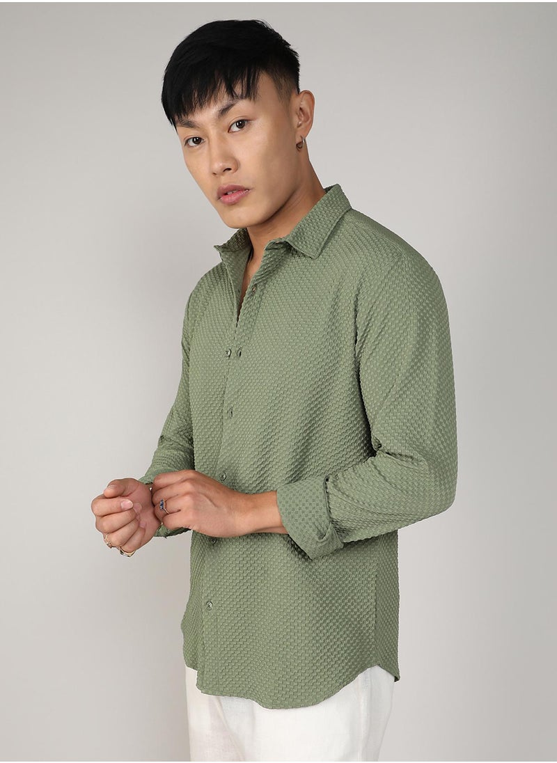 Campus Sutra Campus Sutra Men's Pistachio Green Textured Micro Buffalo Check Shirt For Casual Wear | Spread Collar | Long Sleeve | Button Closure | Shirt Crafted With Comfort Fit For Everyday Wear  - Image 3