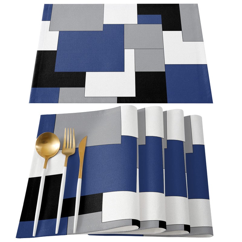 Navy Blue Placemats Set of 4Non Slip Washable Farmhouse Table Mats Set Black Abstract Art Patchwork Table Placemats for Kitchen Dining TableWedding Holiday Party Decoration