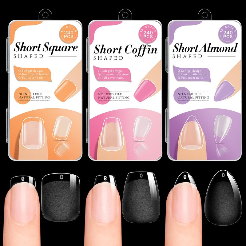 krofaue 3 Styles Short Nail Tips Kit - 720PCS Half Matte Coffin, Almond, Square Fake Nails Full Cover Press on Extension for Soft Gel Tips Set Art DIY Home - Image 1