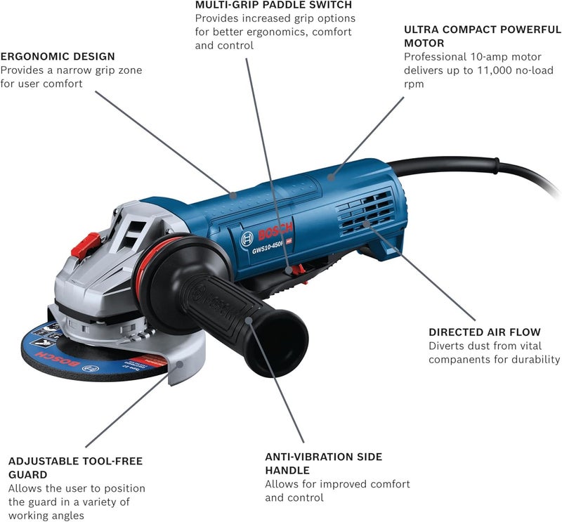 BOSCH GWS10-450P 4-1/2 In. Ergonomic Angle Grinder with Paddle Switch - Image 2