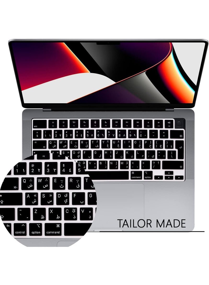 Arabic Keyboard Cover Skin for Apple 2026 2025 2024 2023 2022 MacBook Air Laptop with M5 M4 M3 M2 chip 15.3 inch A3448 A3241 A3114 A2941/MacBook Air 13.6 inch A3449 A2681 A3113 A3240 & 13 Macbook NEO A18 Pro 2026(A3404) 2026-2021 Pro 14" 16.2" M5 M4 M3 M2 M1 Pro/Max A3434/A3427/A3426/A3112/A3185/ A3401/A2992/A2918/A2779/A2442 & A3403/A3429/A3428/A3186/A2991/A2780/A2485Protector-Black - Image 1