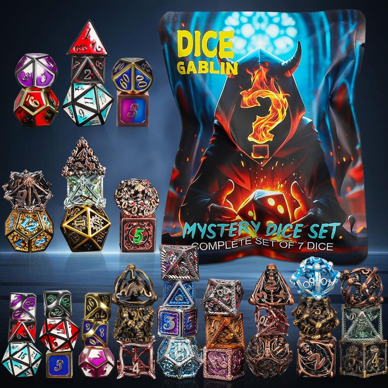 QMAY 8PCS Metal Mystery Dice Set Various Styles Polyhedral Dice Random Patterns Metal DD Dice Dice Bag DND Gifts Suitable for Dungeons and Dragons RPG MTGRole Playing Table Game - Image 3