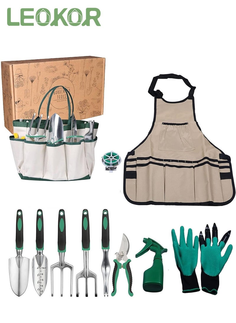 LEOKOR Garden Tools Set, 11 Pieces Heavy Duty Aluminum Gardening Tools, Gardening Planting Tool Set with Gloves Apron Sprayer and Durable Storage Bag  - Image 1
