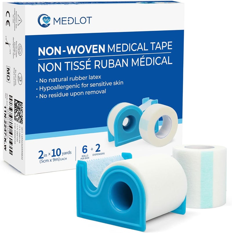LotFancy Medical Tape 6Rolls 2inch x 10Yards Adhesive Hypoallergenic Surgical Paper Tapes Wound First Aid Tape 2 Dispensers Included - Image 1