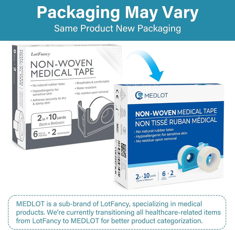 LotFancy Medical Tape 6Rolls 2inch x 10Yards Adhesive Hypoallergenic Surgical Paper Tapes Wound First Aid Tape 2 Dispensers Included - Image 2